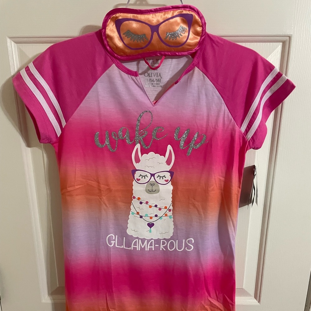 Brand New Girls Pink and Lilac Night Shirt with Sleep Mask, Size XL (14/16)